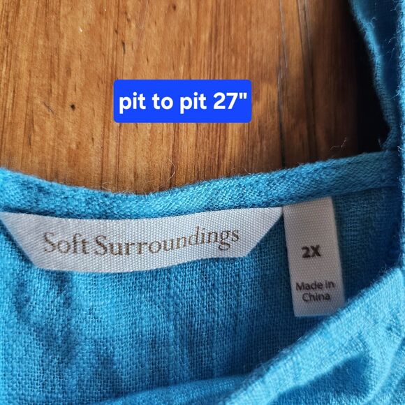 Soft Surroundings Cold Shoulder Tunic Top 2X Linen Blend Teal Blue Pockets - Picture 5 of 5